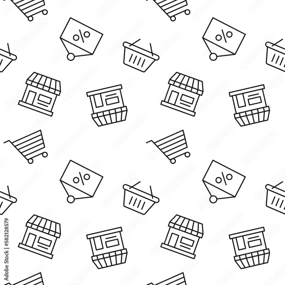 Fototapeta premium Monochrome vector seamless pattern of shopping basket, store, signboard with sale for web sites and polygraphy