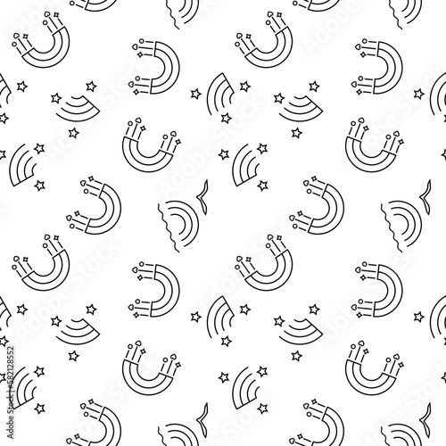 Monochrome vector seamless pattern of rainbows with souvenirs and bird over sea for web sites and polygraphy