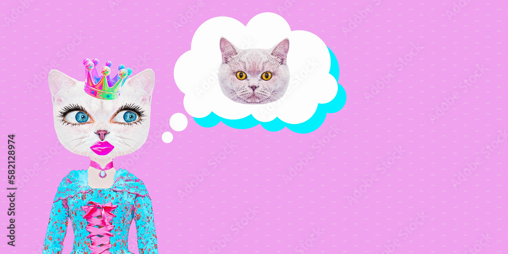Contemporary digital collage art. Modern trippy design. Fashion KItty character and  comic design
