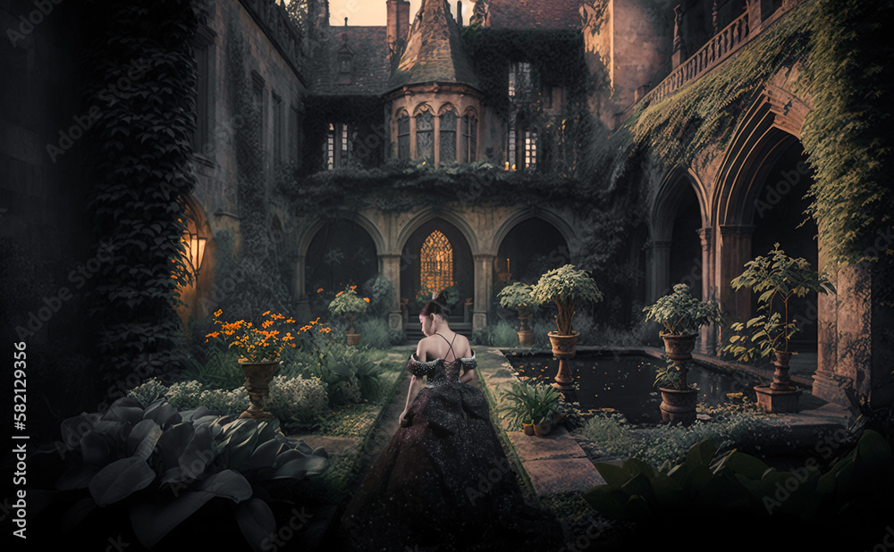 Princess of the realm dressed in black at the castle garden. Generative AI