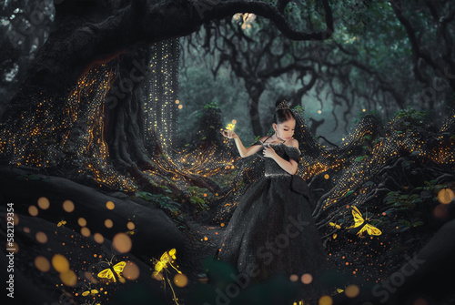 Princess of the realm dressed in black at the magical forest.  Generative AI