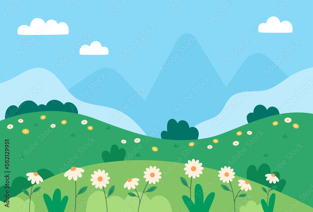 Flat design of natural spring landscape background vector illustration