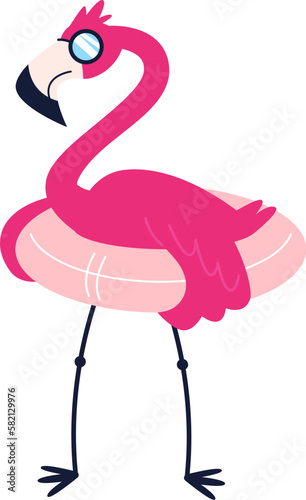 Flamingo on lifebuoy with cocktail