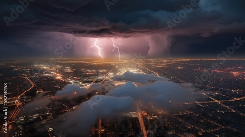 Cinematic Lightning Show on light city, street and cloud expressive, AI 