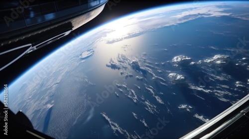 blue planet view from satellite windows, earth from space, beautiful render, AI 