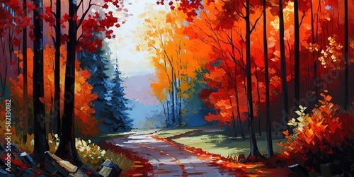 Colorful autumn forest oil painting landscape, Generative AI