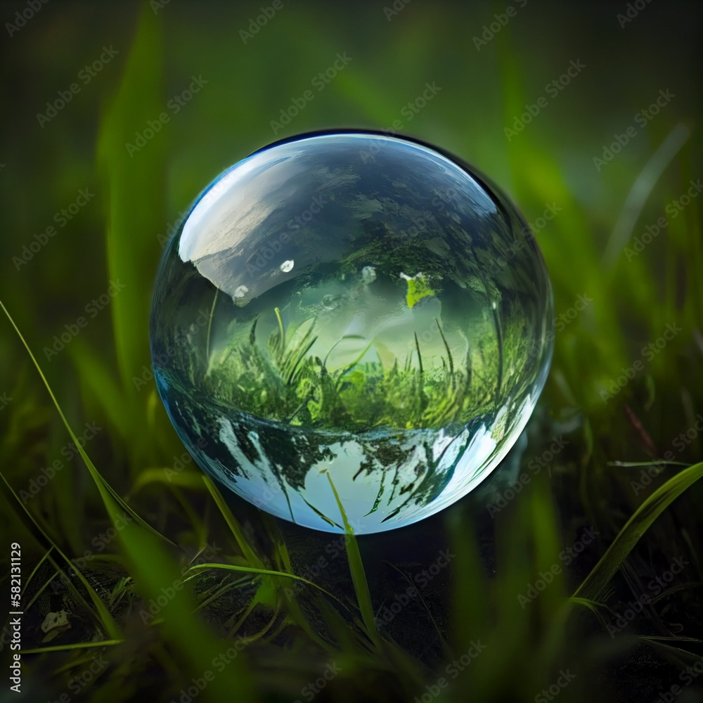 A transparent glass ball with reflections of nature in it, against the background of a green grass lawn. Generative AI A transparent glass ball with reflections of nature in it, against the background of a green grass lawn. Generative AI