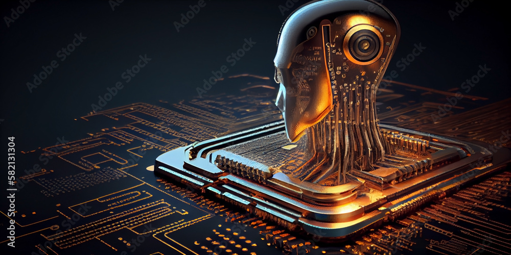 Electronic brain or intellect. The head of a humanoid robot growing