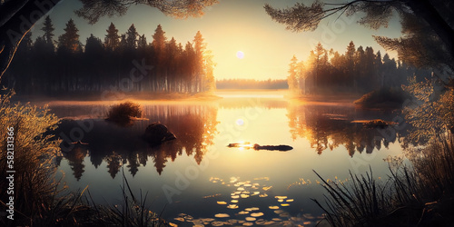 Beautiful secluded wild and spacious forest lake in the rays of the rising sun, landscape. Generative AI © Tatiana