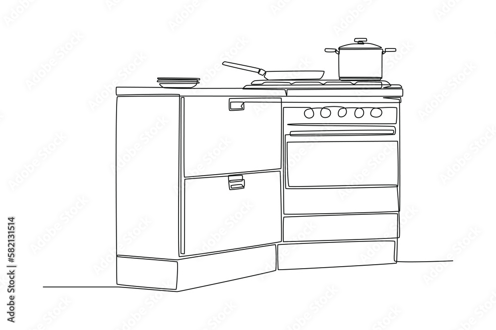 Single one-line drawing of a set of cooking utensils on the gas stove cabinets. Kitchen room concept continuous line draw design graphic vector illustration Single one-line drawing of a set of cooking utensils on the gas stove cabinets. Kitchen room concept continuous line draw design graphic vector illustration