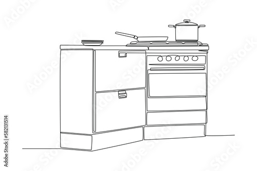 Single one-line drawing of a set of cooking utensils on the gas stove cabinets. Kitchen room concept continuous line draw design graphic vector illustration