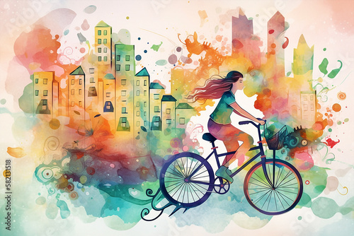a watercolor ecologic landscape with a woman riding a bike, green economy concept, generative ai illustration