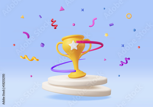 3D Golden Champion Trophy with Confetti on Podium. Render Gold Cup Trophy Icon. Gold Trophy for Competitions. Award Victory, Goal Champion Achievement, Prize Sports Award, Success. Vector Illustration