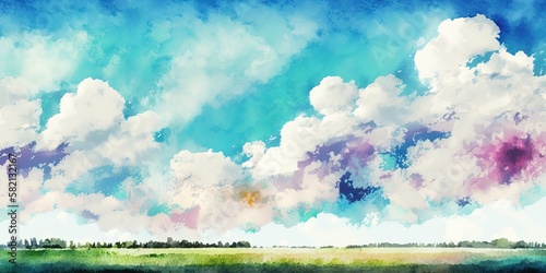 Watercolor and acrylic painting of summer landscape with cloud sky and meadow, abstract flow style, Generative AI