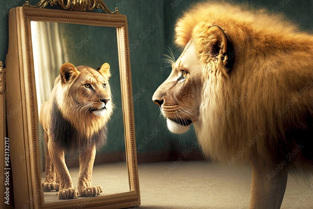 cat seeing himself in mirror as wild lion, created with generative ai