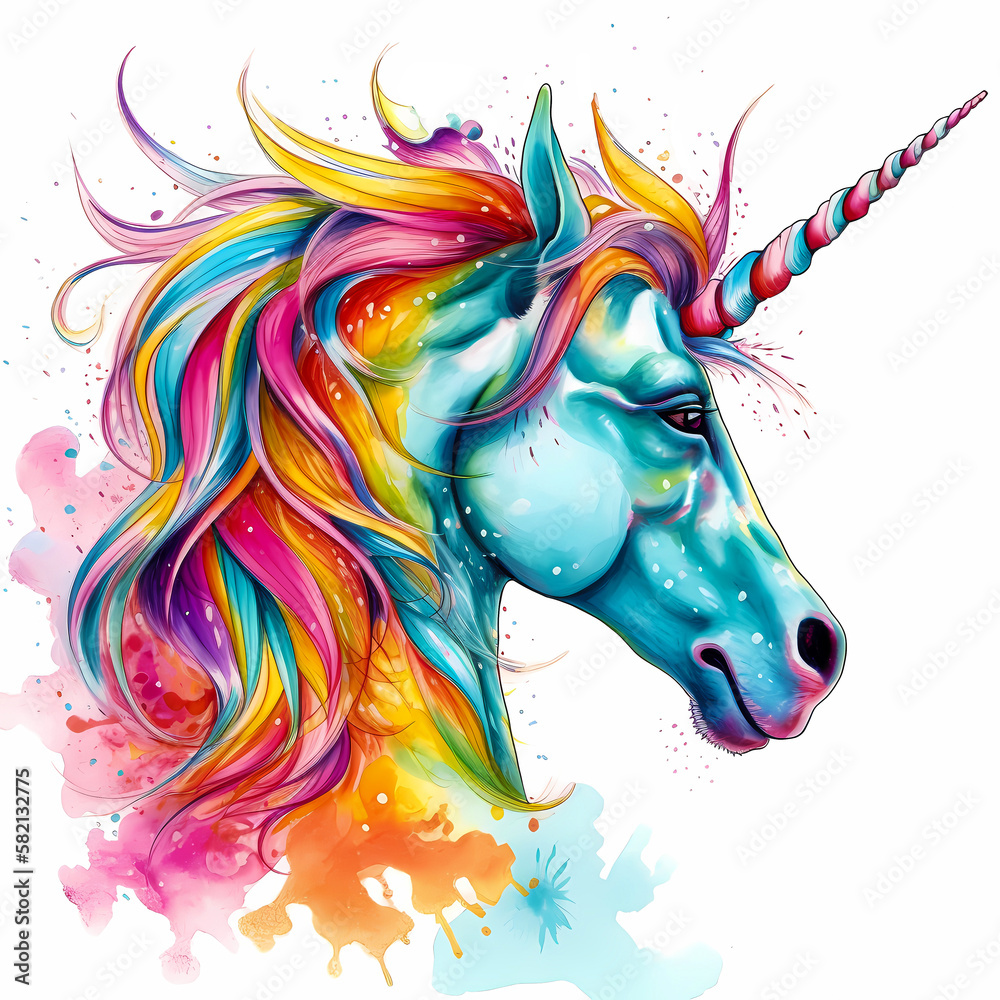 Colorful drawing of unicorn with multi colored mane and horn