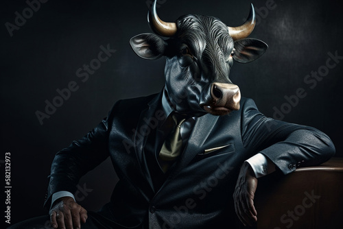 Bull in business suit. Generative AI. © erika8213