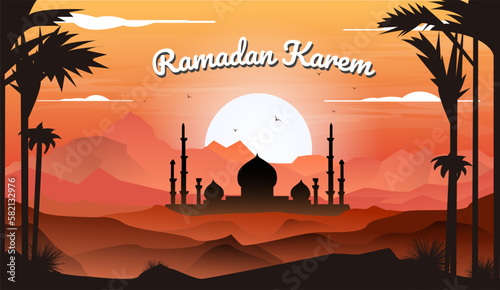 Ramadan karem with mountain at deser landscape flat illustration photo