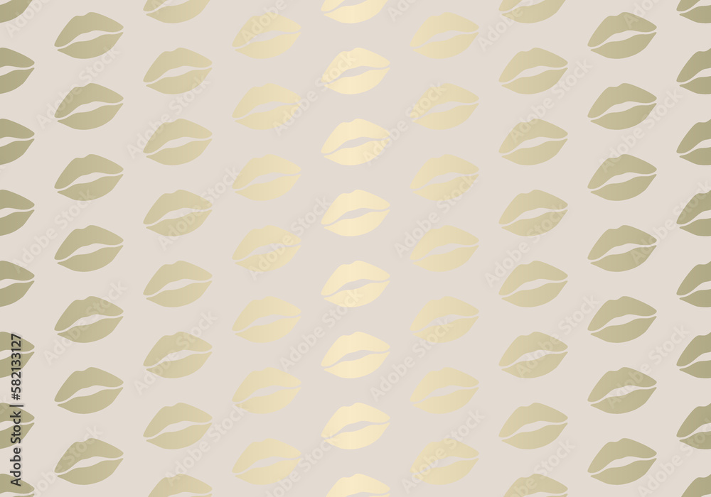 Seamless glamorous pattern with golden lips for wrapping paper, cover design, cards, flyer, poster, print. Gold and pastel color ornament. Glamor luxury background for design.