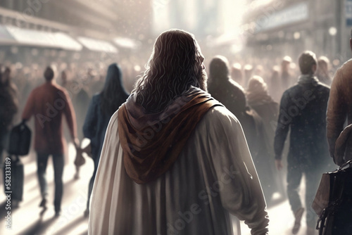 Jesus Christ walking on the street in the crowd. Easter concept.Generative AI © erika8213