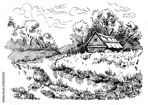 Panorama of countryside landscape with river. Pen sketch converted to vector drawing
