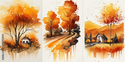 Fototapeta Naklejka Na Ścianę i Meble -  Color landscape paintings featuring warm orange hues in autumn, created using ink watercolors, Generative AI