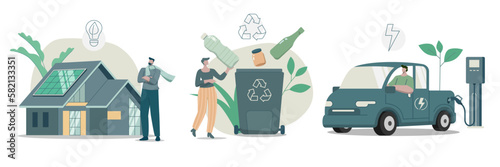 Set of Eco friendly sustainable,  Modern ecology house and solar panels, Waste recycling project, Electric pickup charging station,
Renewable energy sources concept, Vector design illustration.