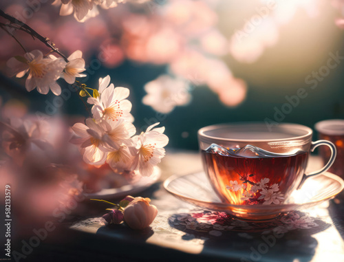 elegant tea ceremony in the garden under cherry blossoms . generative AI