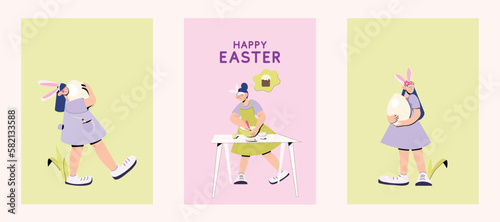 Happy Easter set of posters. Easter girls wearing bunny ears. Girl preparing easter bread. Girl holding large easter egg. Egg hunting illustration. Cooking process illustration.