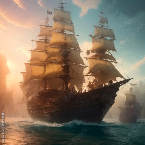 Valokuva Huge pirate ship sails on sea. Generative Ai