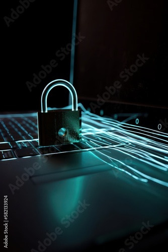 Cybersecurity concept. Door lock on laptop and microchips. Symbol of cyber security, antivirus, firewall, data privacy and safe internet. 