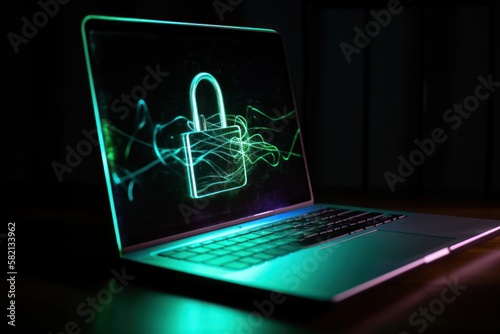 Cybersecurity concept. Door lock on laptop and microchips. Symbol of cyber security, antivirus, firewall, data privacy and safe internet.  © Ilia