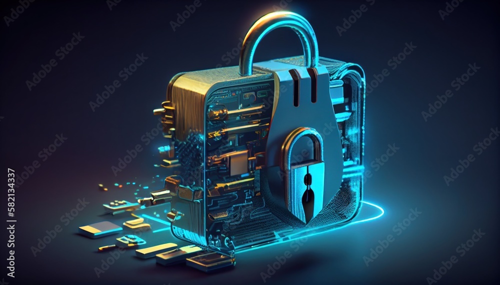Cybersecurity concept. Door lock on laptop and microchips. Symbol of cyber security, antivirus, firewall, data privacy and safe internet. 