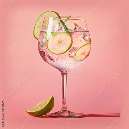 Gin and tonic on a pink background. Generative AI. photo