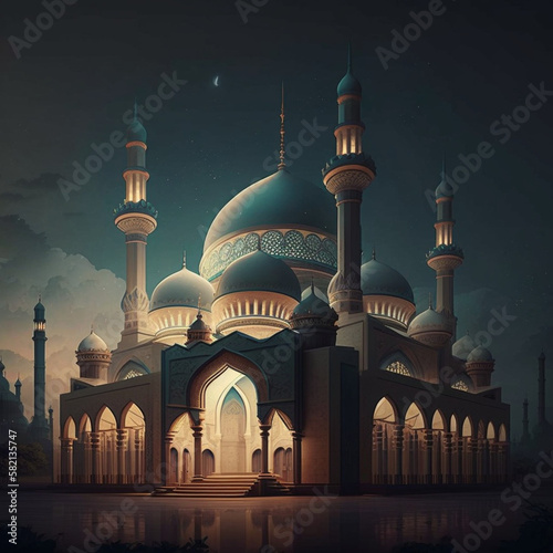 Muslim mosque at night. Ramadan concept. Generative AI.