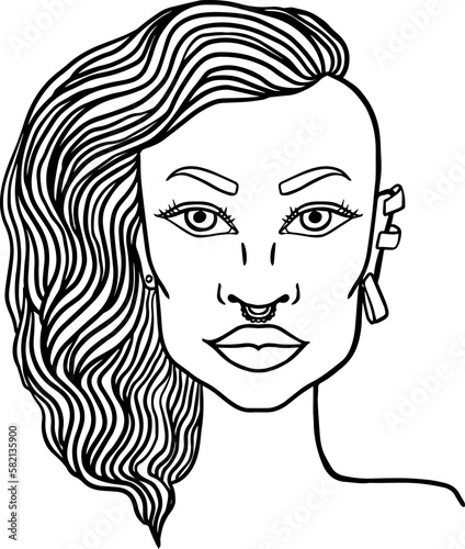 Doodle Girl Portrait for Adult Coloring Book.