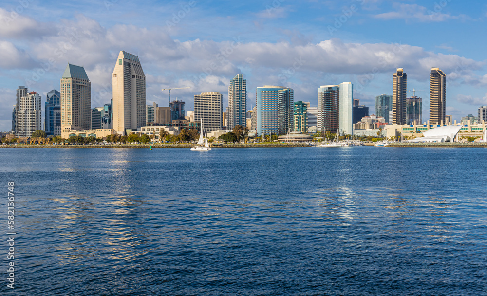 San Diego Skyline From the Ferry Landing on Coronado Island, San Diego, California, USA - obrazy, fototapety, plakaty 
