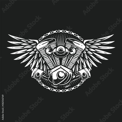 motorcycle engine with piston and wings logo