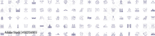 Famous landmarks line icons signs set. Design collection of Monument, Tower, Citadel, Palace, Ruins, Castle, Temple, Pyramid outline concept vector illustrations