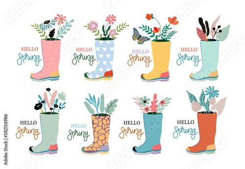 Hello Spring. Rubber boots with bouquets. Hand drawn spring print, postcard, poster. handwritten inscriptions