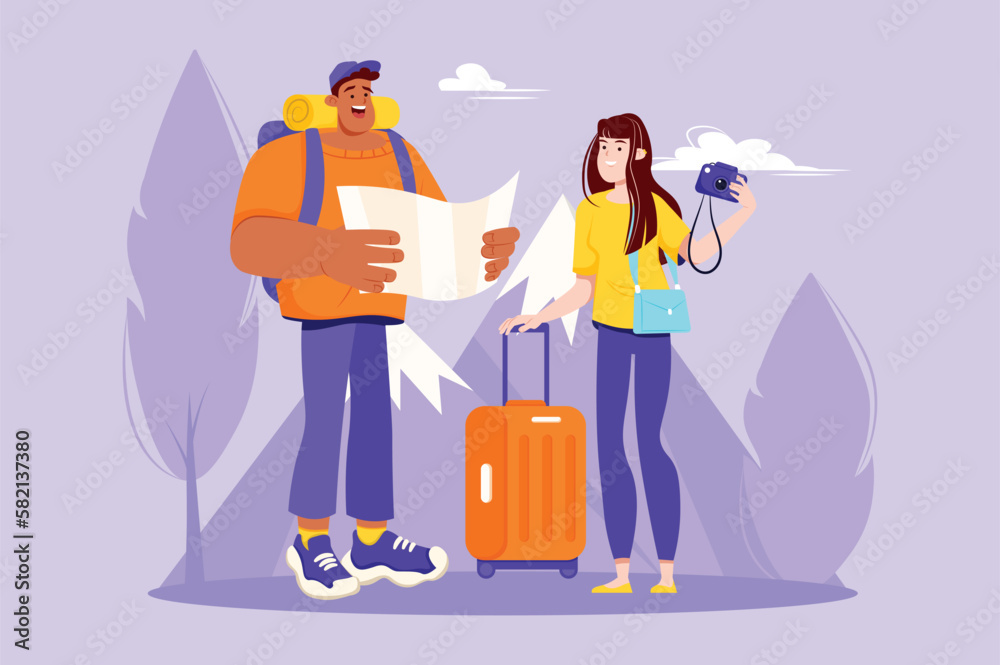 Travel violet concept with people scene in the flat cartoon design. A young couple with suitcases go on a long trip. Vector illustration.