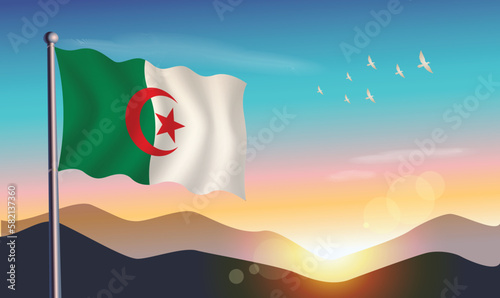 Algeria flag with mountains and morning sun in background