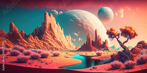 Digital art depicting a pastel-colored landscape of fantasy, Generative AI photo