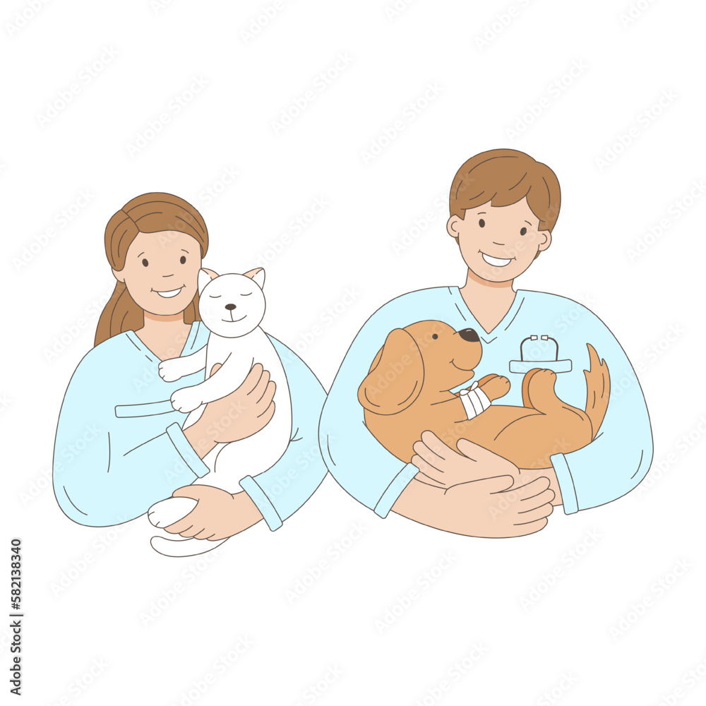 Man and woman, veterinarians holding animals, cat and dog. Animal Aid. Man and woman, veterinarians holding animals, cat and dog. Animal Aid.