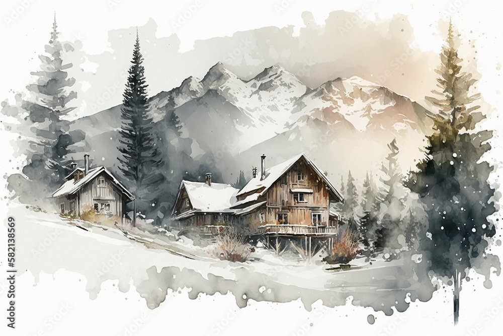 Winter mountain landscape with chalets. Winter mountain landscape with chalets.