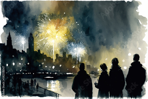People admiring celebratory fireworks at night cityscape.