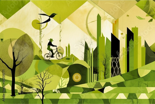 bike rider ina dreamlike retro vintage landscape, travel sustainable theme, gene Fototapet