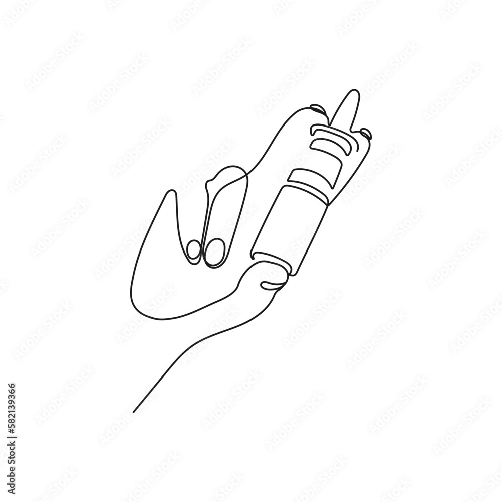 Obraz premium Hand holds nazal spray bottle. One line art. Healthcare and medical concept. Hand drawn vector illustration.
