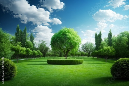 Garden in the park. Landscape with grass and sky. Background image of summer nature. Generative AI