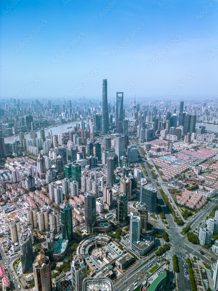 The drone aerial view of Lujiazui financial and trade zone, Pudong, Shanghai, China. 